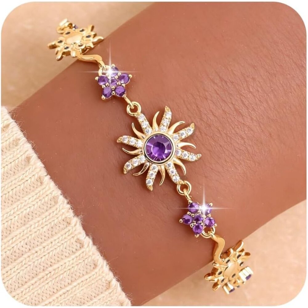 Gold Silver Sun Colorful Birth Stone Flower Link Bracelet for Woman, Adjustable